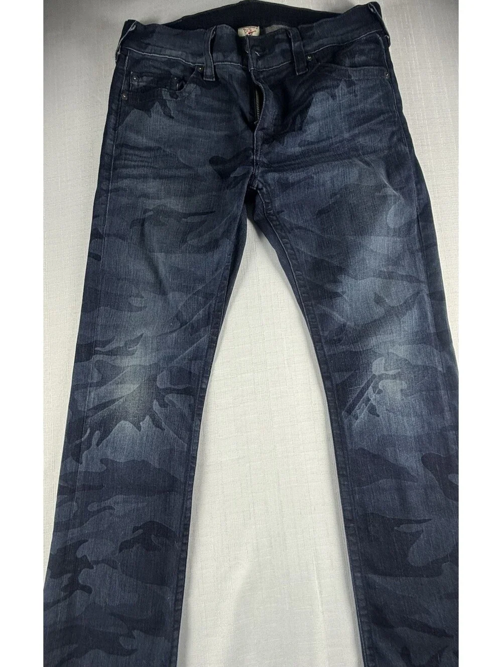 True Religion Bobby Camo Jeans Mens 36 Made USA Blue Straight Stretch Denim Y2K